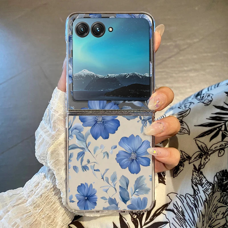 Blue Flowers Pattern Phone Case For Motorola Razr 60 50 40 Ultra Razr60 Razr50 Razr40 Shockproof Hard Transparent Folding Cover