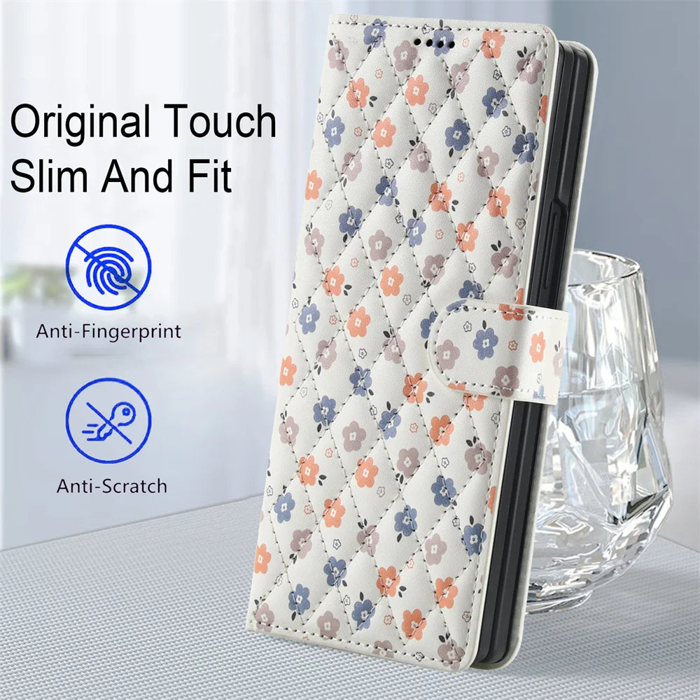 Luxury White Leather Colorful Flowers Wallet Flip Phone Case For Samsung Z Fold 7 6 5 4 5G Soft Wrist Strap Shockproof Cover