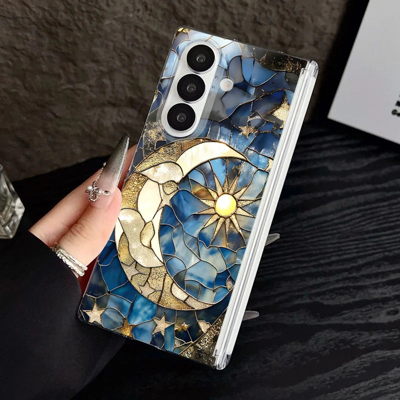 Clear Magnetic Auto Adsorption Phone Case For Samsung Galaxy Z Fold 7 6 Fold7 Fold6 Fold5 5G Vintage Moon Print Hard PC Cover