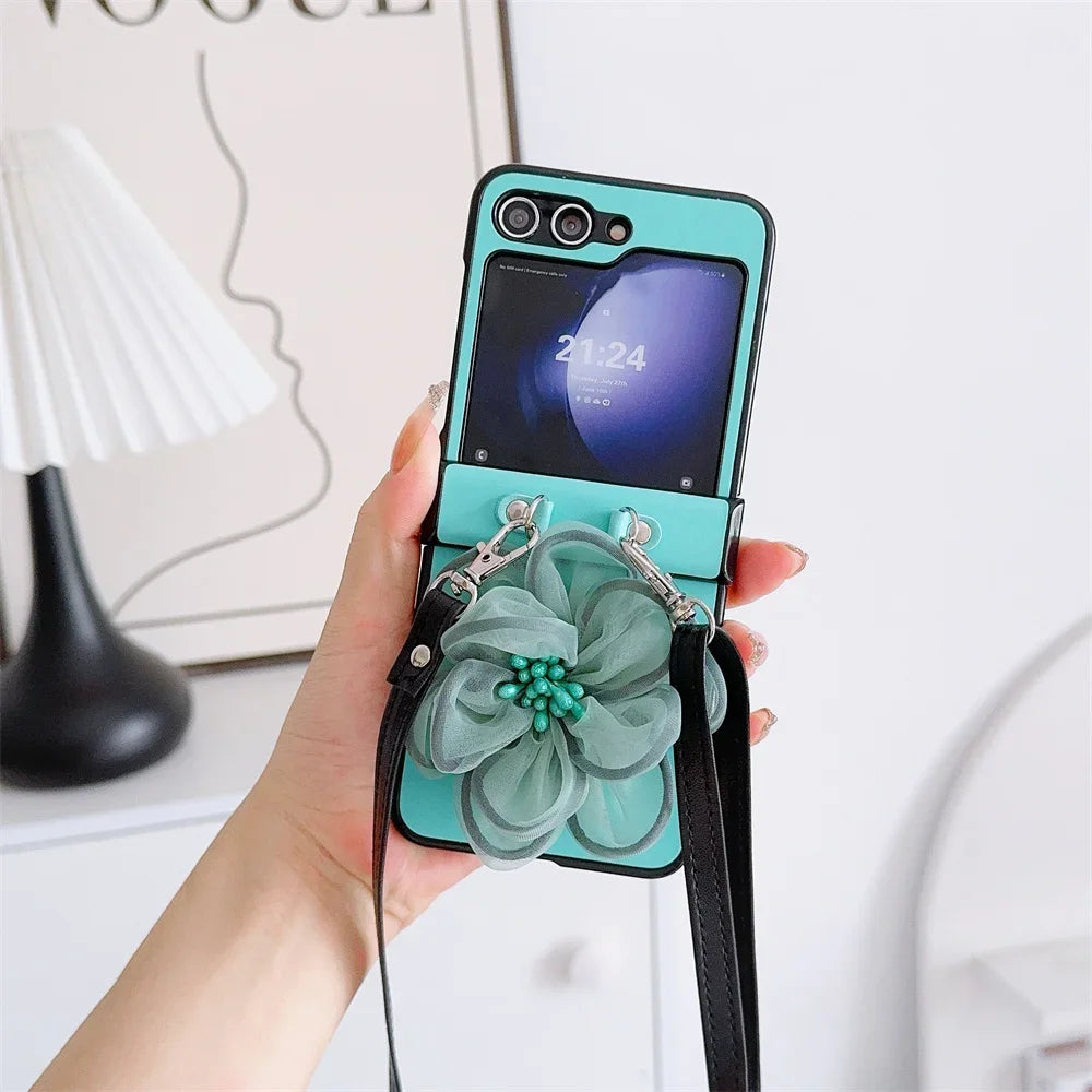 3D Cute Yarn Flower Crossbody Lanyard Phone Case For Samsung Galaxy Z Flip 6 5 4 3 5G Hard Hinge Protective PU Leather Cover