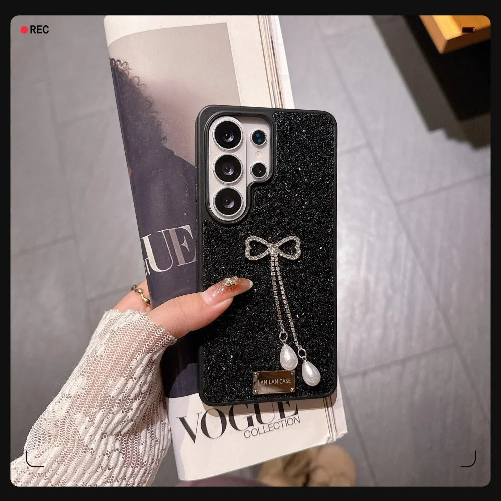 Diamond Bowknot Pearl Pendant Glitter Phone Case for Samsung Galaxy S26+ S23 S24 S25 S26 Ultra Plus TPU Bumper Shockproof Cover