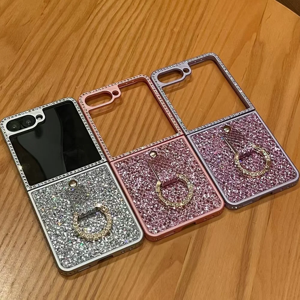 Luxury Shiny Diamonds Ring Phone Case For Samsung Galaxy Z Flip 7 6 5 4 Glitter Shockproof Protective Folding Cover