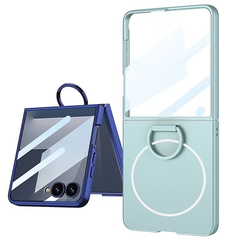 Luxury Magnetic Integrated Case With Ring For Samsung Galaxy Z Flip 7 ZFlip7 2-piece Set With Film For Magsafe Back Cover Funda