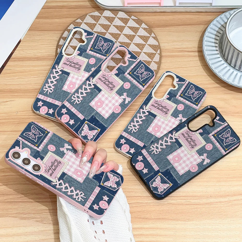 Phone Case for Samsung Galaxy S26 S25 S23 Ultra S24 FE A57 A56 A55 A54 A53 A16 5G A07 A06 A15 4G Cases Denim Patchwork Butterfly
