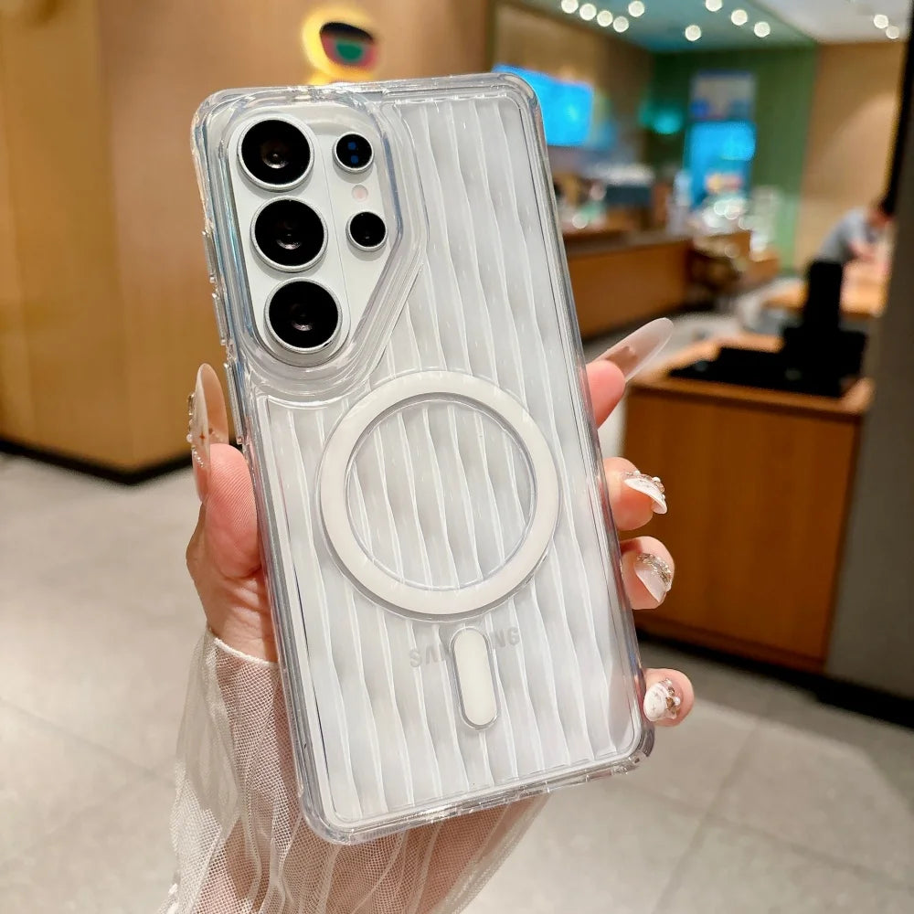 Crystal Clear 3D Wave Pattern Magnetic Acrylic Case For Samsung S26 Ultra S25 S24 Ultra Wireless Charging Shockproof Hard Cover