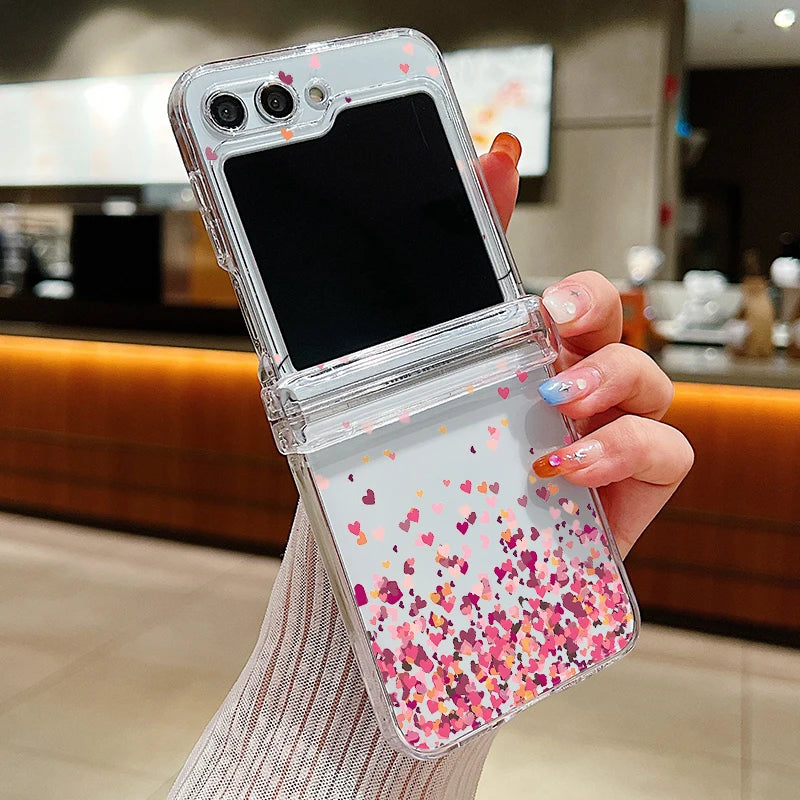 Love Heart Print Transparent Phone Case For Samsung Galaxy Z Flip7 FE Flip6 Folding Hard Cover For Samsung Z Flip 7 6 5 4 3 5G
