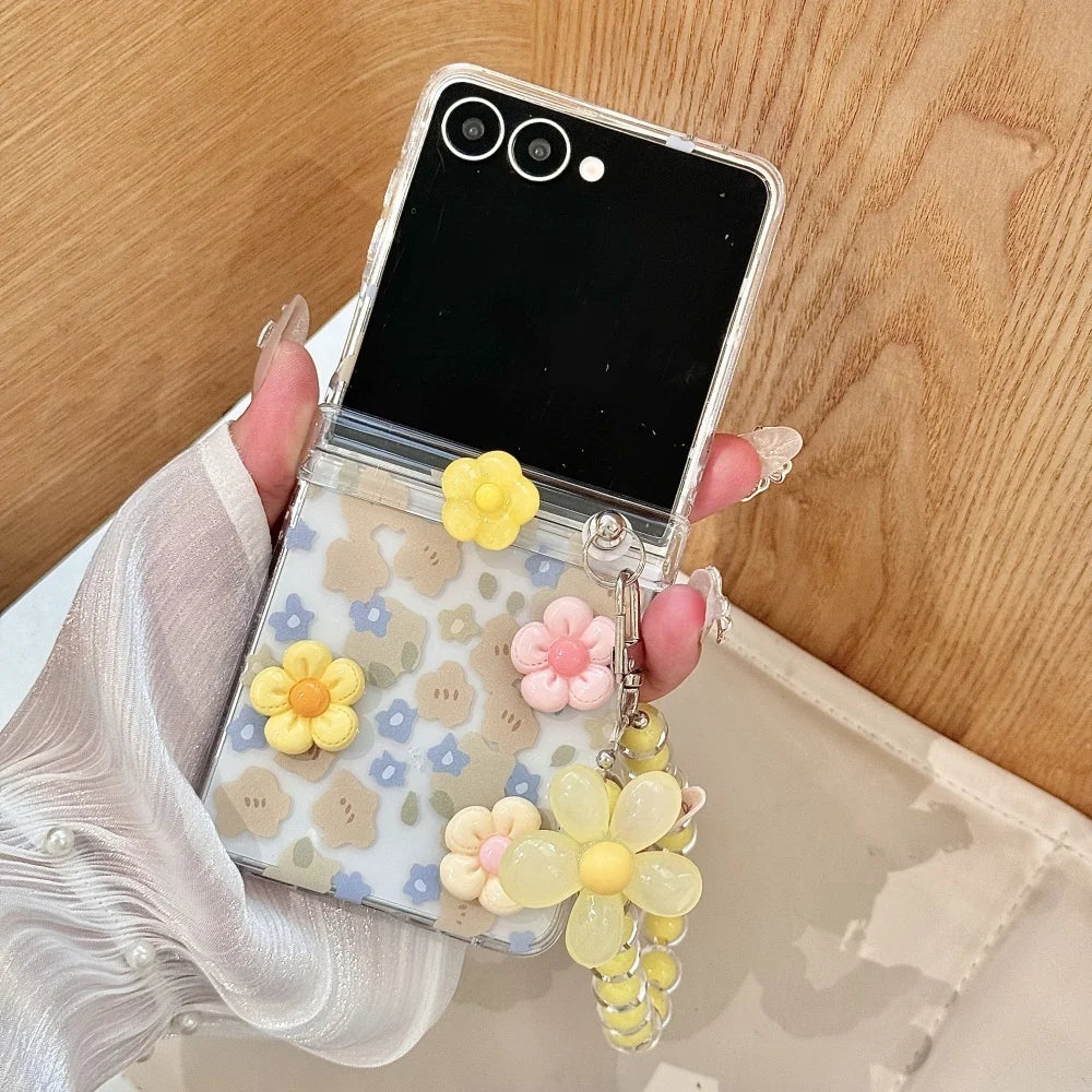 Cute 3D Flower Beads Wrist Chain Case for Samsung Galaxy Z Flip 7 6 5 zflip 3 4 Flip7 Bracelet Hard Acrylic Ins Korean Cover