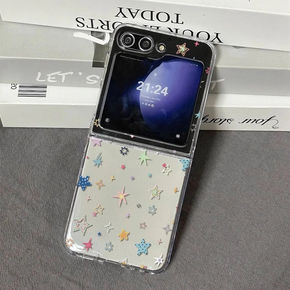 Ins Colorful Stars Print Phone Case For Samsung Galaxy Z Flip 7 6 ZFlip 5 Clear Folding Cover For Samsung ZFlip 7FE 4 3 Shells