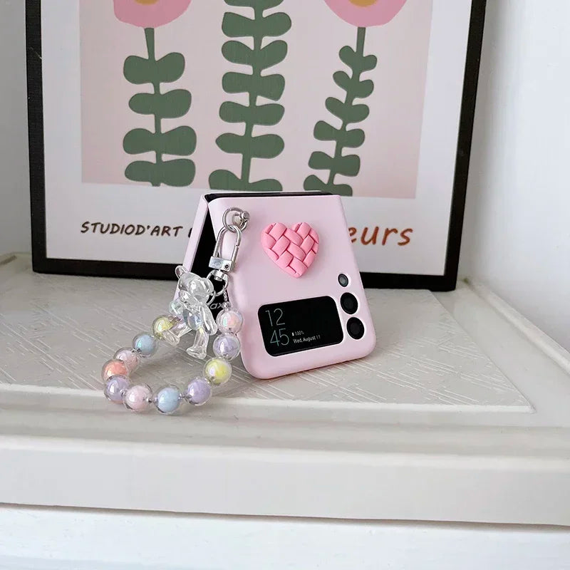 Cute Bear Colorful Beads Bracelet Case For Motorola Razr 40 Ultra 50 Ultra 2023 Plus 2024 Plus Candy Color Heart Hard PC Cover