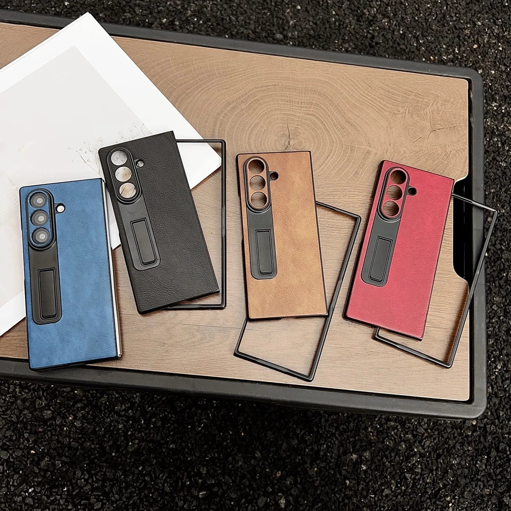 Z Fold7 5G Luxury Suede Pattern Phone Case For Samsung Galaxy Z Fold 7 6 5 4 3 Zfold6 Pu Leather Invisible Bracket Holder Cover