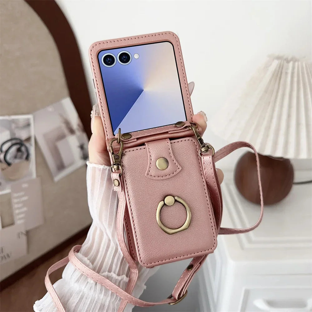 Ring Card Holder Leather Wallet Phone Case for Samsung Galaxy Z Flip 7 6 5 4 3 Flip7 FE Finger Crossbody Protective Cover