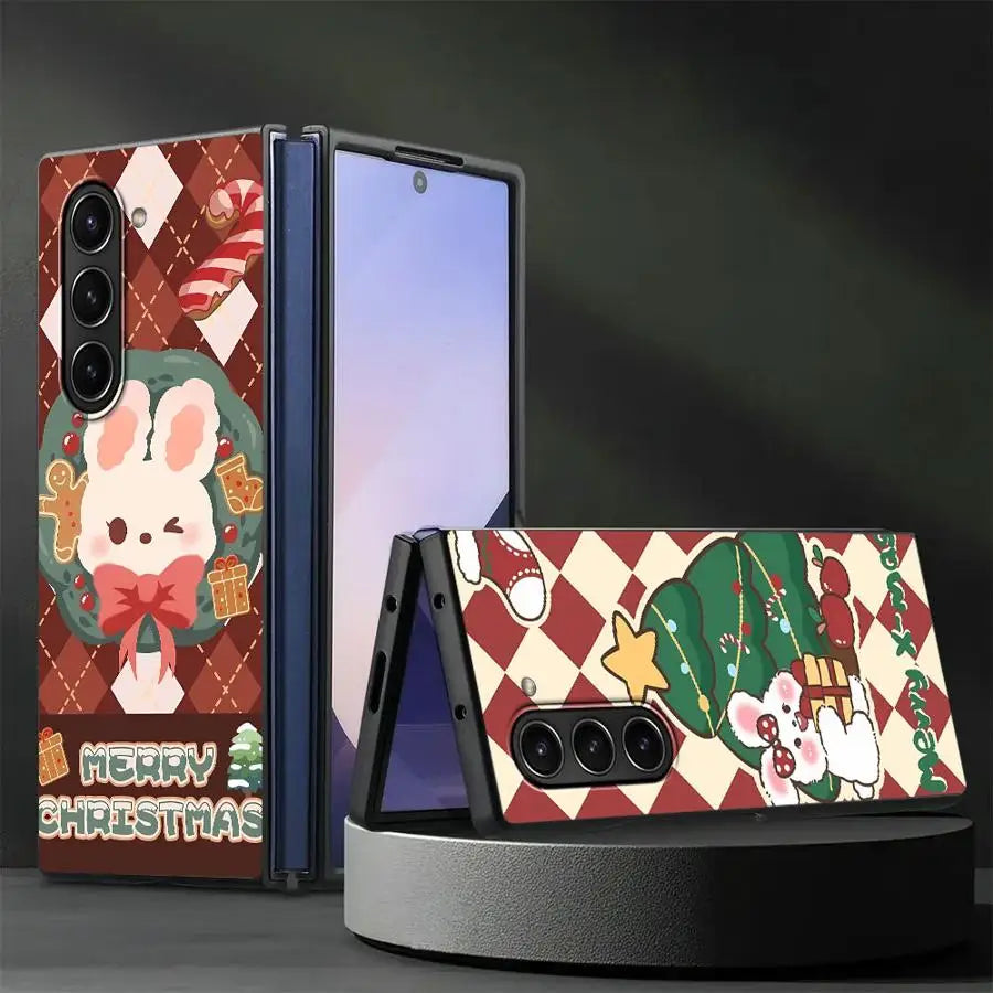 Back Phone Cover Case for Samsung Galaxy ZFold3 ZFold6 ZFold5 Z Fold 7 6 5 4 3 ZFold7 ZFold4 Christmas Cartoon Rabbit