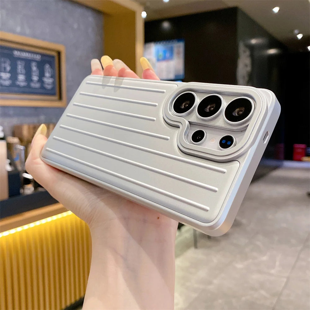 Luxury Luggage Texture Plating Phone Case For Samsung S26 S25 S24 S23 S22 Ultra Solid Color Anti-Slip Striped Protection Cover