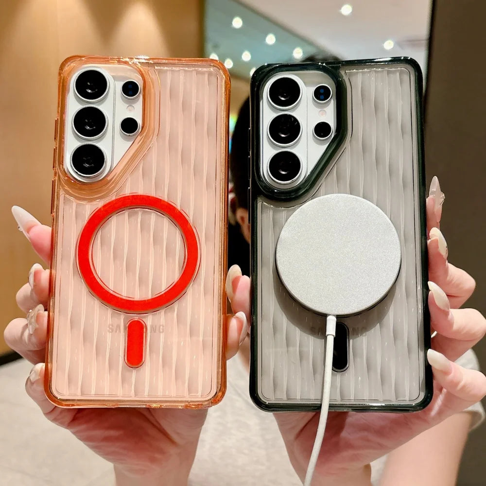 Crystal Clear 3D Wave Pattern Magnetic Acrylic Case For Samsung S26 Ultra S25 S24 Ultra Wireless Charging Shockproof Hard Cover