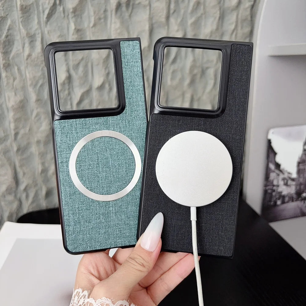 with Magnetic Ring Plain Leather Case For Motorola Razr Fold Luxury Cloth Wireless Charging Protective Cover
