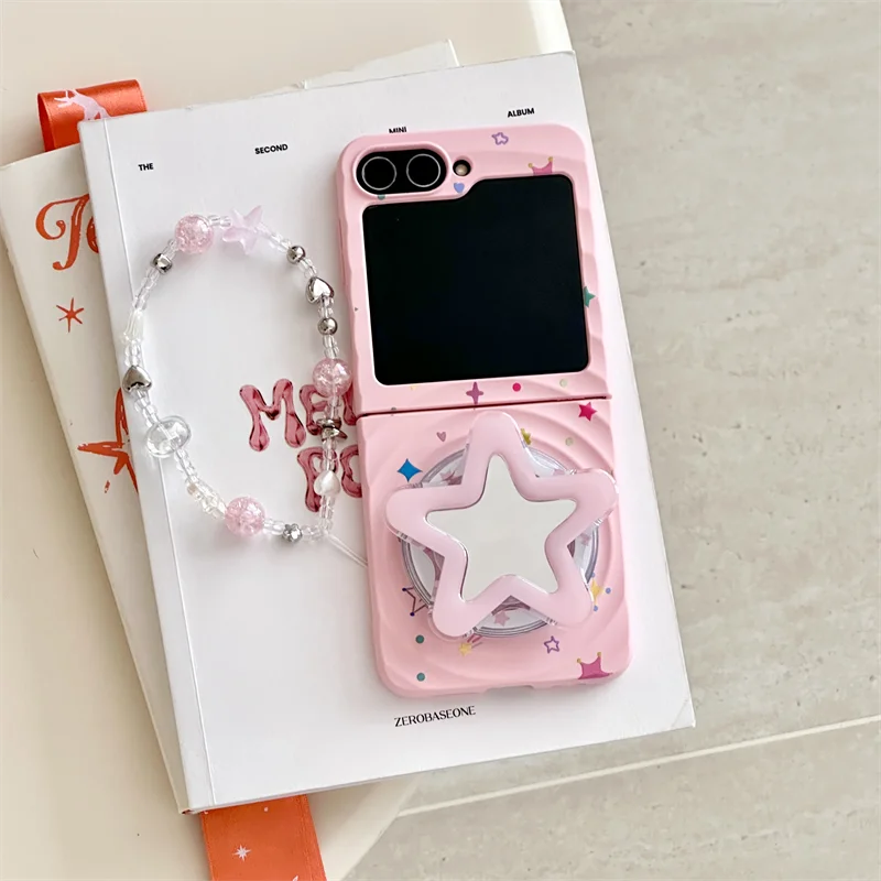 Korean Cute Star Magnetic Stand Holder Phone Case For Samsung Galaxy Z Flip 7 6 5 4 3 Flip5 Flip6 Flip7 Cover Cases with Chain