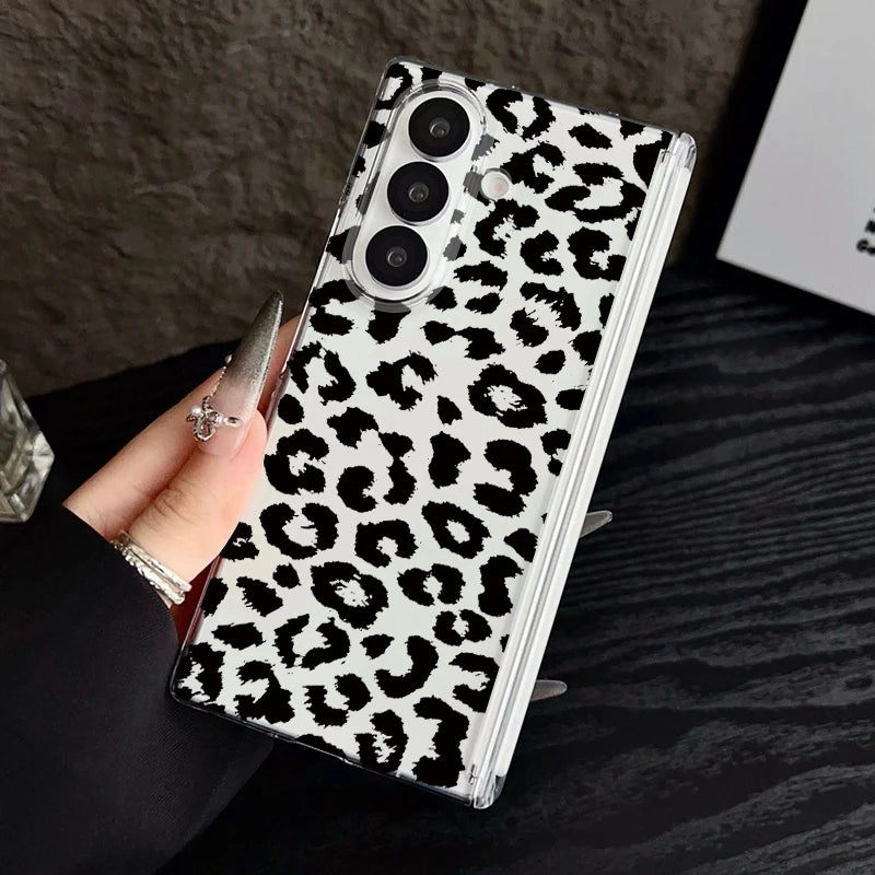 Magnetic Adsorption Phone Case For Samsung Galaxy Z Fold 7 6 5 Fold7 Fold6 Fold5 5G Leopard Print Pattern Clear Shockproof Cover