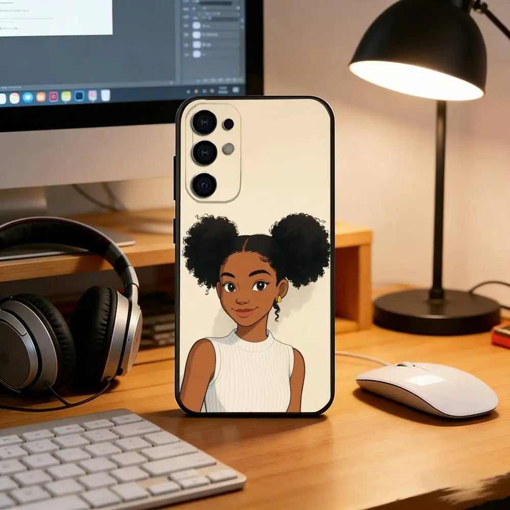 Cartoon African Black Girl Phone Case For Samsung S25,S24,S21,S22,S23,S30,Ultra,S20,Plus,Fe,Soft Silicone Black Cover