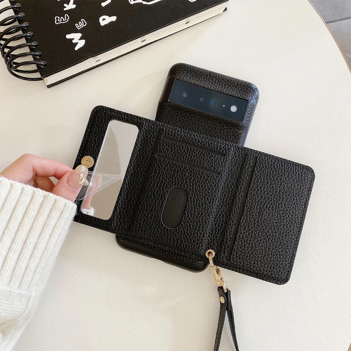 Luxury Litchi Peel Pattern PU Leather Case For Google Pixel 8 7 6 Pro 4 XL Small Mirror Card Holder Lanyard Wallet Cover