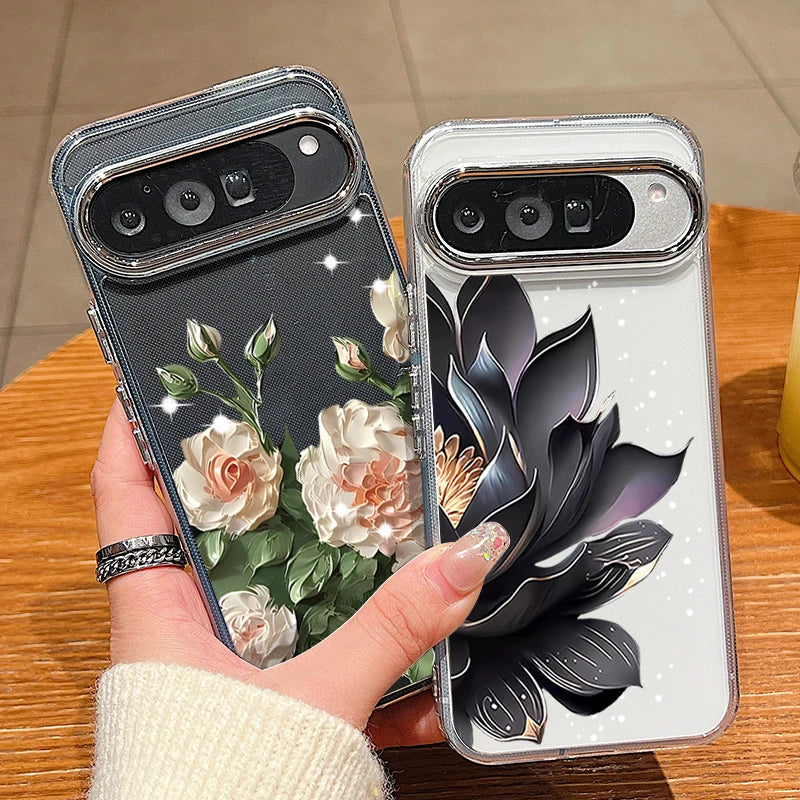 Rose Flowers Pattern Phone Case For Google Pixel 10 9 Pro XL 10 9 8 7 Pro 9A 8A 7A Shockproof Plating Soft TPU Transparent Cover
