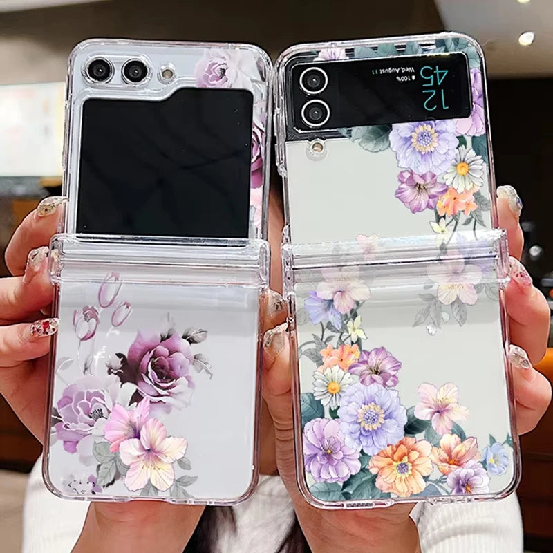Flowers Pattern Clear Case For Samsung Galaxy Z Flip 7 FE 6 5 4 5G Folding Soft TPU Phone Cover For Samsung Z Flip5 Flip6 Flip7