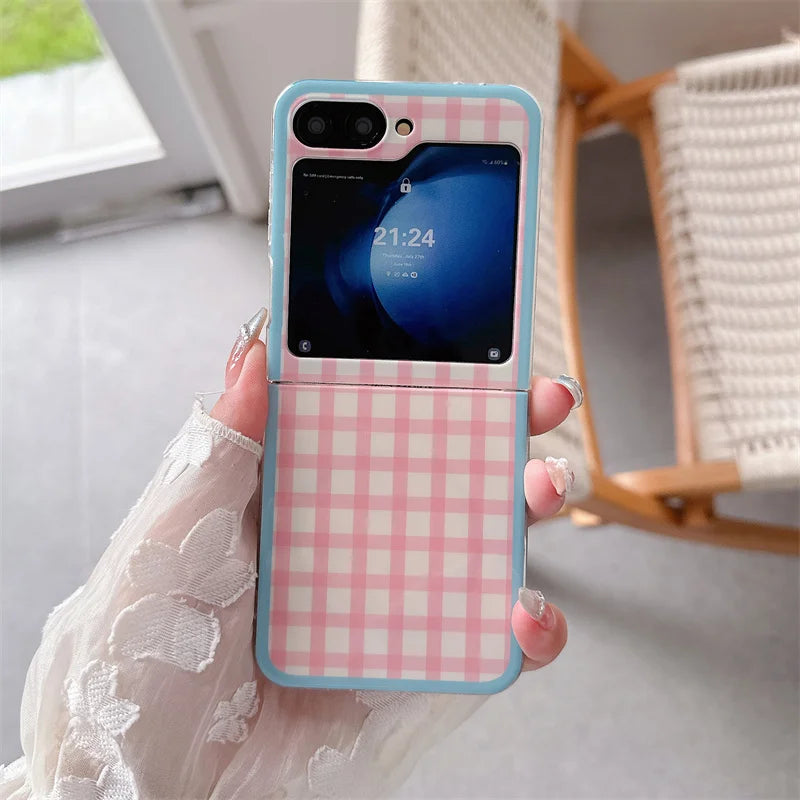 Korean Color Plaid Pattern Magnetic Phone Case For Samsung Galaxy Z Flip 7 6 5 4 Flip6 Flip7 Cover with Magsafe Stand Cases Capa