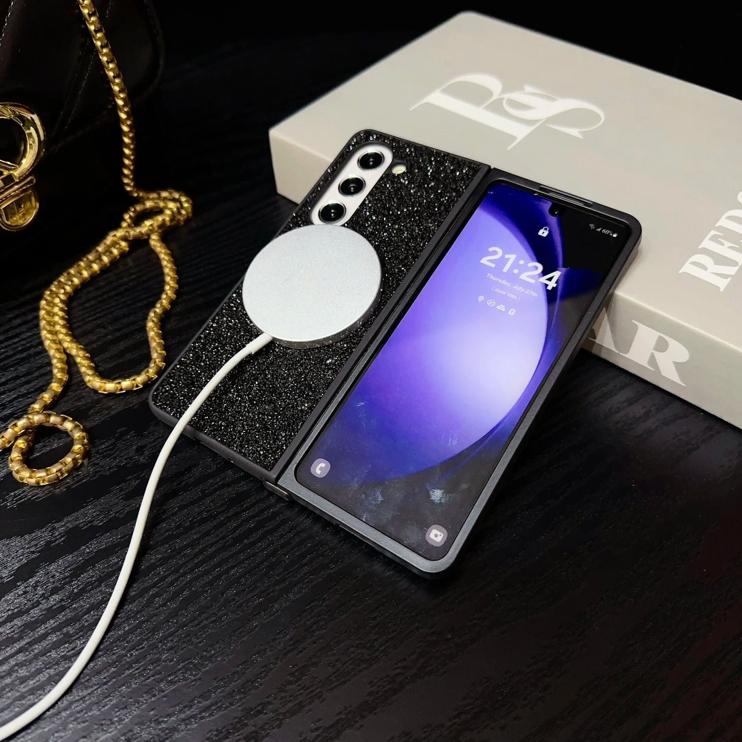 Sparkling Diamond Brilliant Phone Case for Samsung Galaxy Z Fold 7 6 5 4 3 Fold7 TPU Soft Edge Magnetic Cover Women Girl