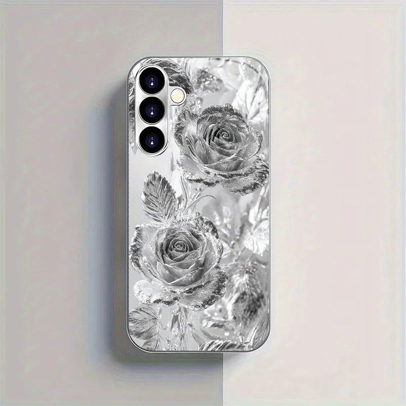 Gold-plated tempered glass phone case, compatible Galaxy S26 S25 S24 S23 S22 Ultra Plus. Features a silver rose design.