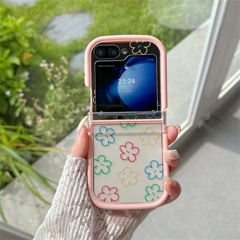 Pink Floral Smile Clear Hinge Strap Furry Ball Phone Case For Samsung Galaxy Z Flip 8 7 6 5 4 3 Z Flip8 Cute Shockproof Cover Gi