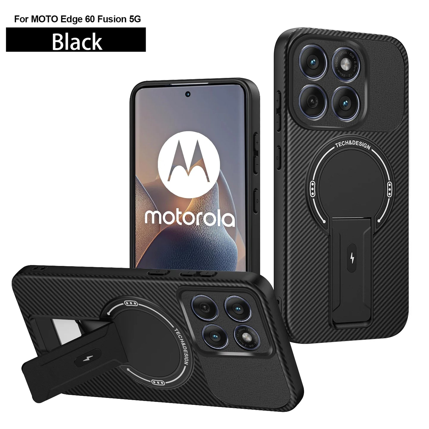 Carbon Fiber Pattern Armor Phone Case For Moto Edge 60 Fusion 50 Pro Cover Magnetic Wireless Chraging Fold Stand Back Fundas