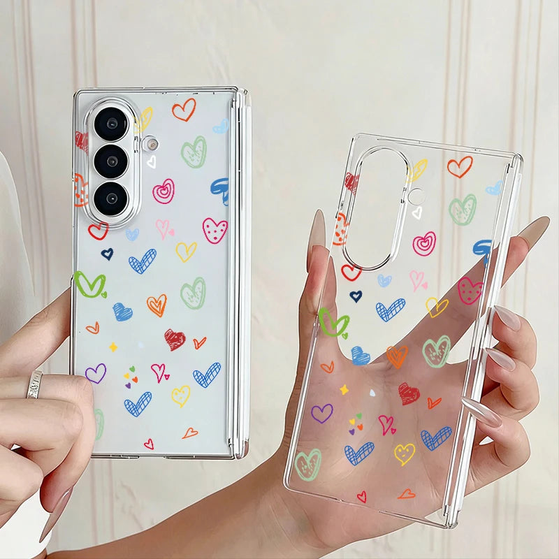 Magnetic Adsorption Clear Phone Case For Samsung Galaxy Z Fold 7 6 5 Fold7 Fold6 Fold5 5G Colorful Love Heart Pattern Hard Cover