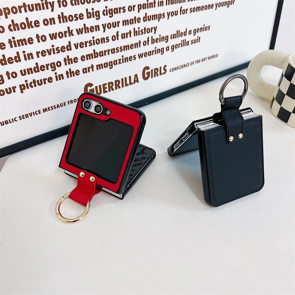 Original Leather Matte Litchi Phone Case For Samsung Galaxy Z Flip 6 5 4 3 Ring Stand Holder Shockproof Cover For Galaxy Flip 6
