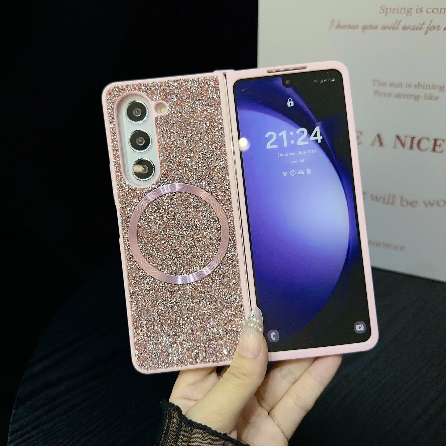 Sparkling Diamond Brilliant Phone Case for Samsung Galaxy Z Fold 7 6 5 4 3 Fold7 TPU Soft Edge Magnetic Cover Women Girl