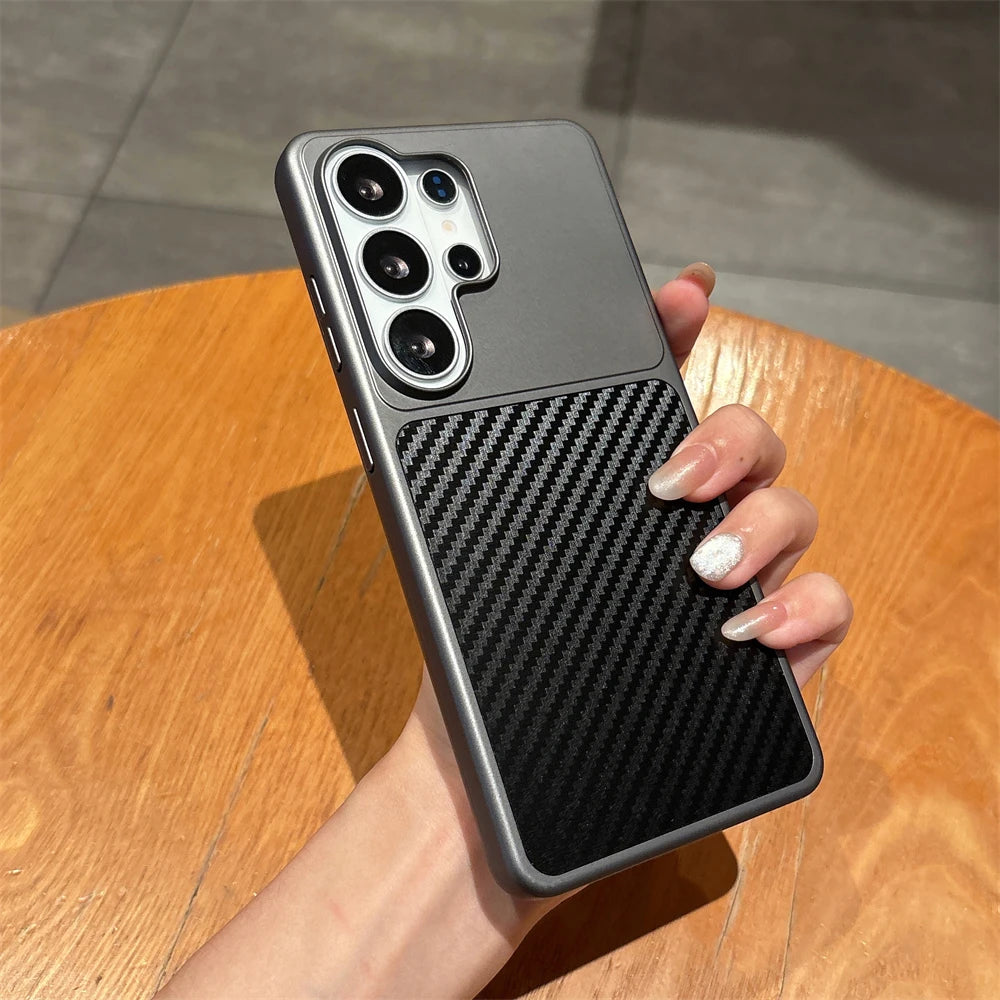 Carbon Fiber Wave Twill Pattern Phone Case for Samsung S26 S23 Ultra S25 Plus S24 FE Kevlar Metal Large Window Matte Black Cover