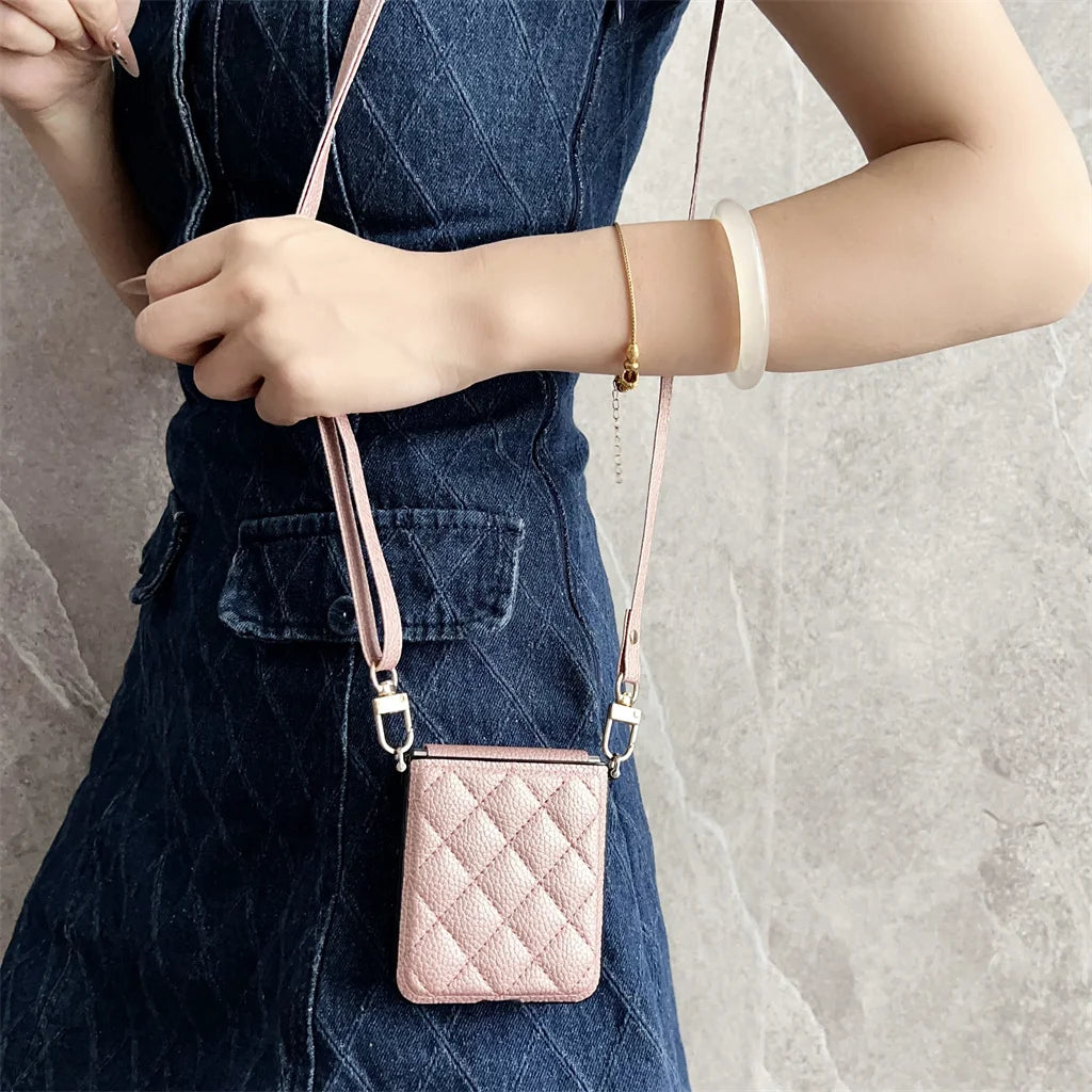 Luxury Crossbody Lanyard Rhombus Pattern PU Leather Phone Case For Samsung Galaxy Z Flip 8 7 FE 6 5 4 5G Hinge Protector Cover