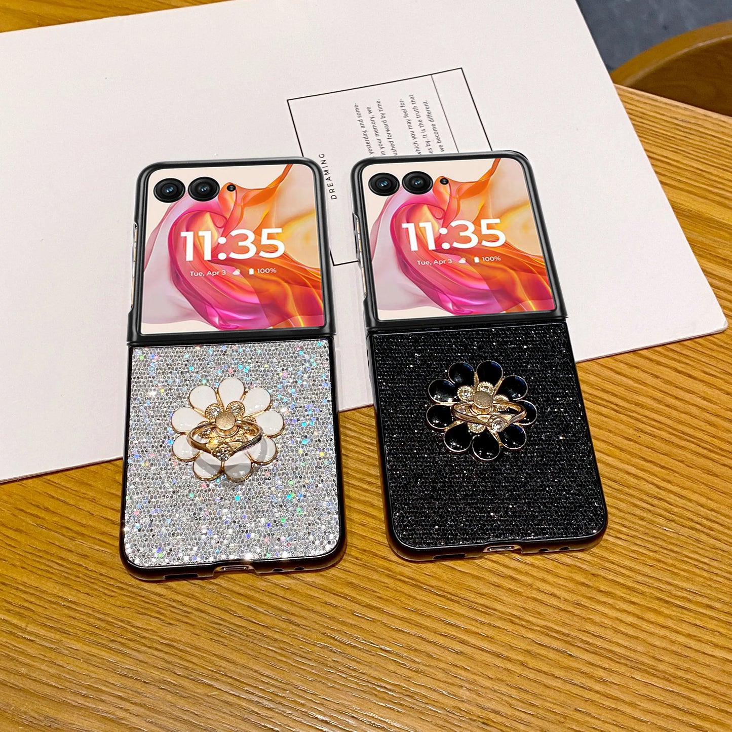Luxury Sparkling Starlight Sparkling Flower Ring Buckle Phone Case Motorola Razr 50 40 60 Ultra +2025 + 2024 Glitter Stand Cover