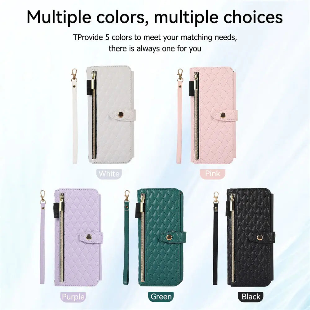 Rhombic Zipper Crossbody Wallet Case For Samsung Galaxy Z Fold 6 Fold 5 4 3 Cards Slots Long Lanyard Leather Cover