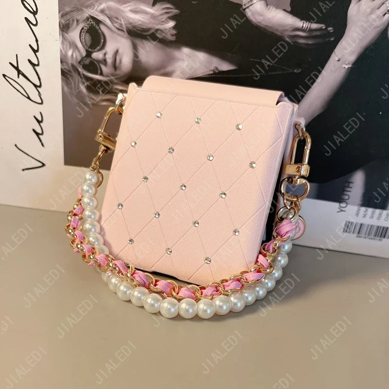 Flower Hand Strap Rhinestone Rhombus Leather Phone case For Motorola Razr 50 60 Ultra Moto Razr60 Plus