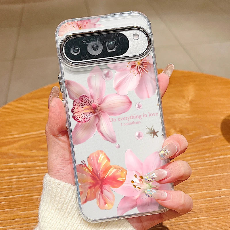 Rose Flowers Pattern Phone Case For Google Pixel 10 9 Pro XL 10 9 8 7 Pro 9A 8A 7A Shockproof Plating Soft TPU Transparent Cover