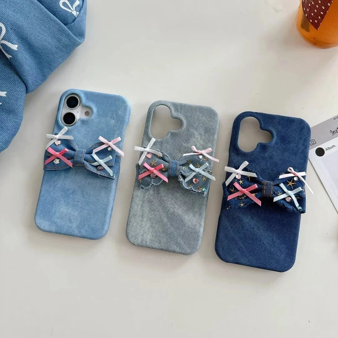 Sweet Bow Denim Stand Case Hard Back Cover for Google Pixel 7 7A 8 8A 9 9A 9 Pro XL10 10Pro with Adorable Bow Kickstand, Bracket