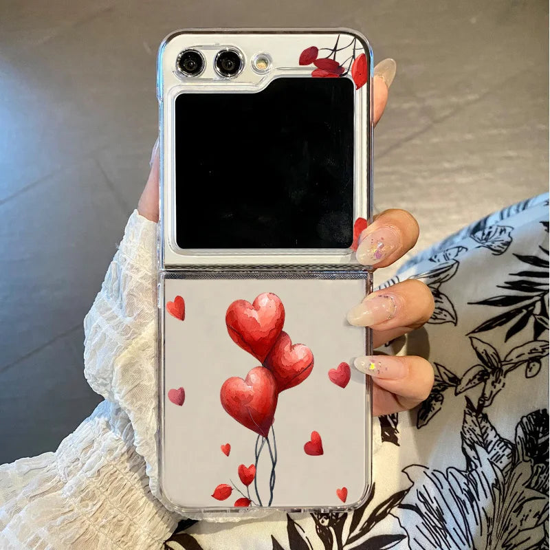 Love Heart Print Clear Folding Phone Case For Samsung Galaxy Z Flip 7 6 5 4 3 5G Transparent Cover For Samsung Z Flip7 FE Flip6