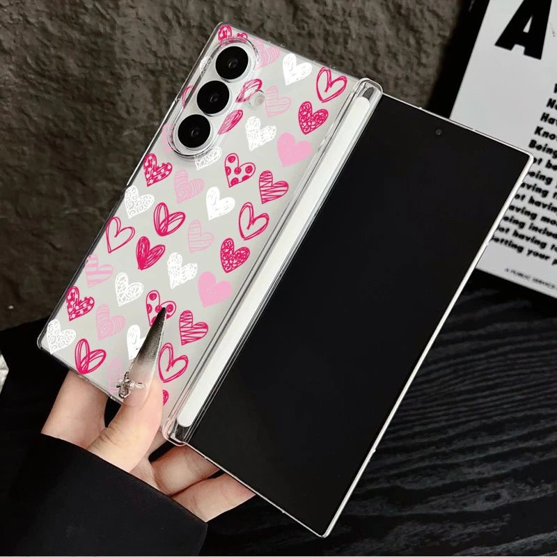 Magnetic Adsorption Clear Phone Case For Samsung Galaxy Z Fold 7 6 5 Fold7 Fold6 Fold5 5G Colorful Love Heart Pattern Hard Cover