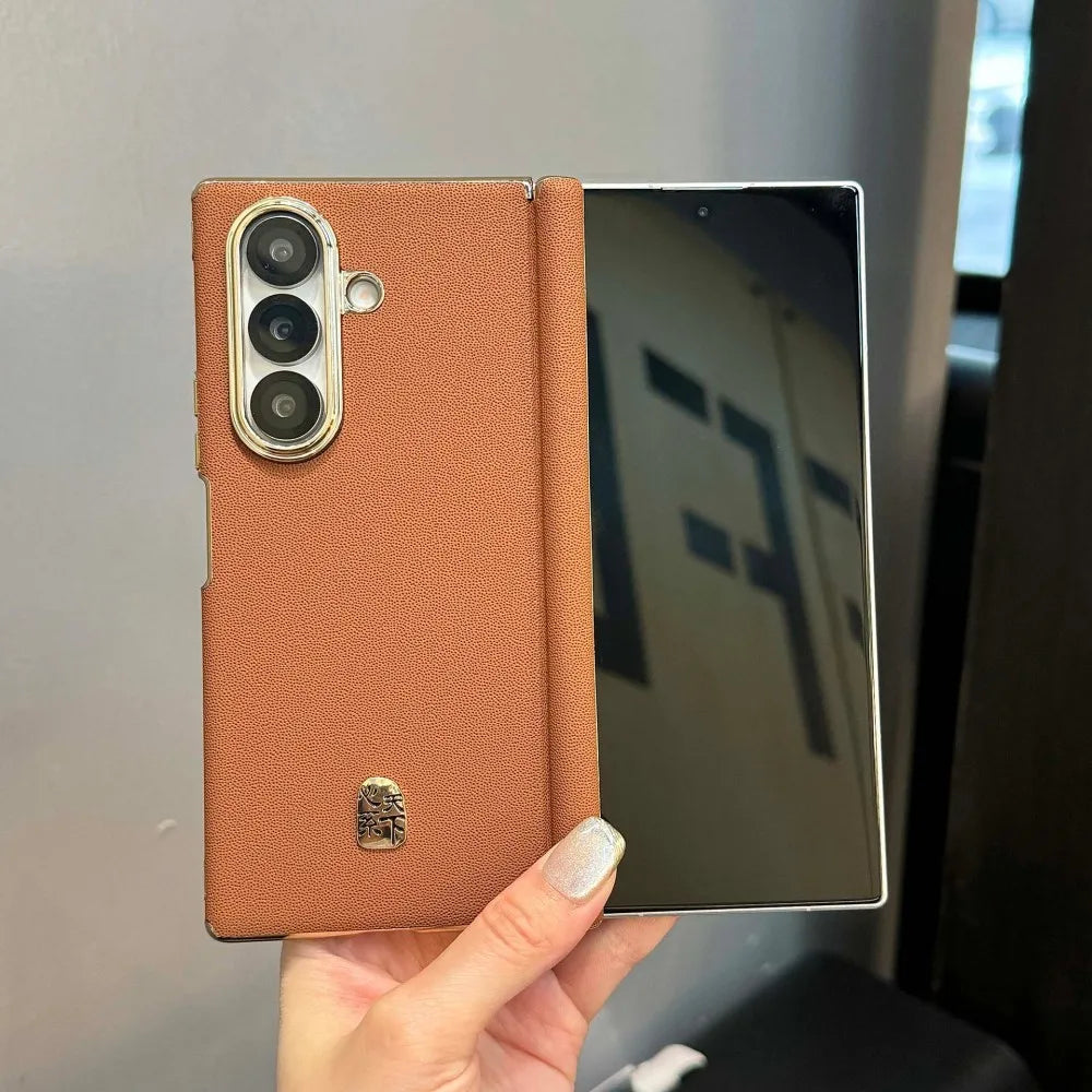 Luxury Leather Glossy Frame Case For Samsung Galaxy Z Fold7 Fold 7 5G Dual Axis Double Hinge Shockproof Armor Back Cover