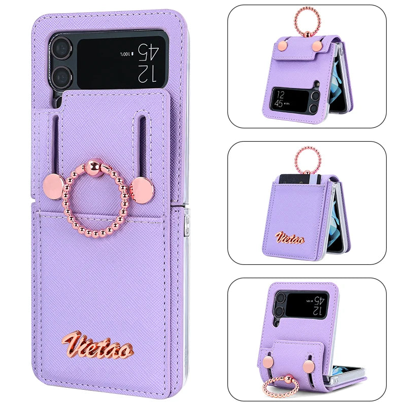 VIETAO Z Flip 3 Phone Case With Finger Ring Holder, PU Leather Cell Phone Cover For Galaxy Z Flip 3 With Card Slot, Rose Gold