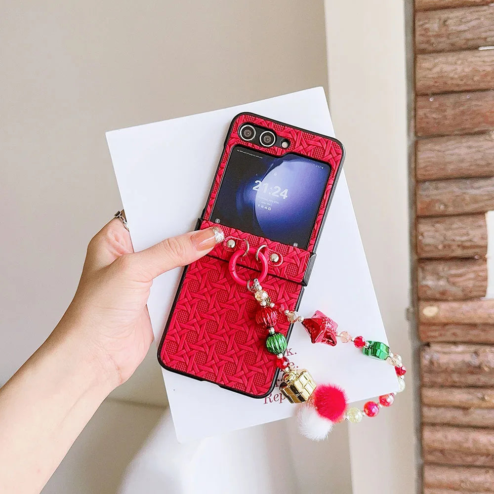 For Moto Motorola Razr 50 Ultra Cute Christmas Lucky Star Heart Fur Ball Pearl Wrist Chain Strap Phone Case Cover