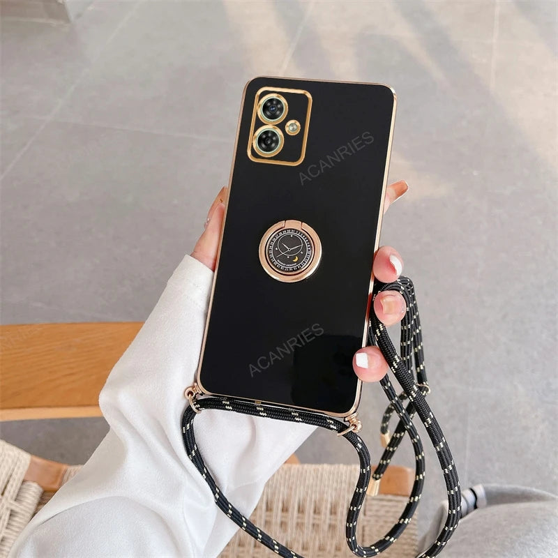 G 84 54 Luxury Plating Crossbody Lanyard Case For Motorola Moto G54 G84 5G Ring Holder Back Cover
