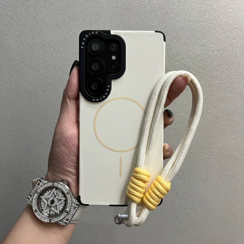 Pure Colour Fine Ring Magnetic Suction Liquid Lanyard Case for Samsung S22 S23 S24 S25 Ultra S25 Plus S25 Frame Printing Cover