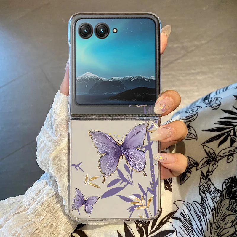 Blue Flowers Pattern Phone Case For Motorola Razr 60 50 40 Ultra Razr60 Razr50 Razr40 Shockproof Hard Transparent Folding Cover