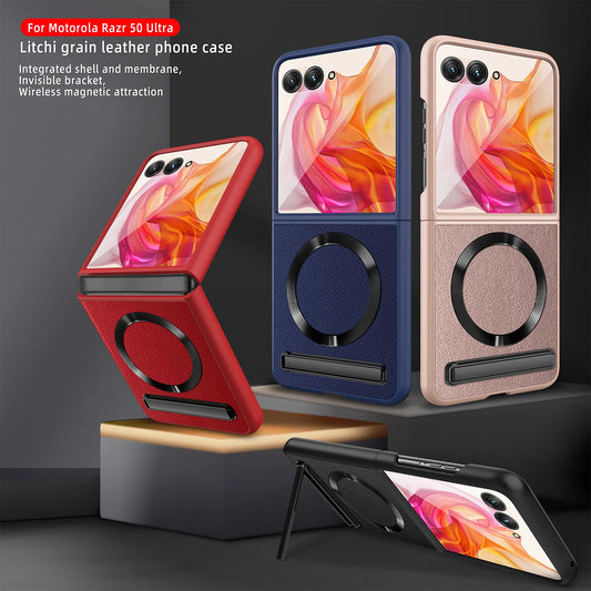 Luxury Leather Magsafe Ring Case For Motorola MOTO RAZR 50 Ultra RAZRPlus 2024 Kickstand Holder Cover 9H HD Glass Film Protector