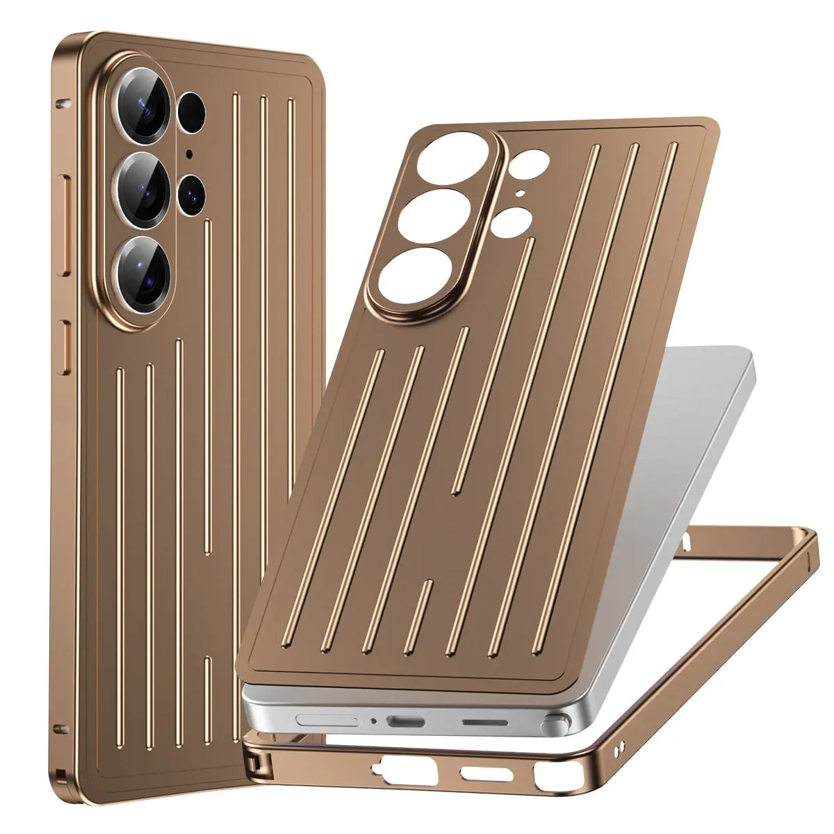 Aluminum Alloy Frame 3D Striped Cover Plate 2in1 Phone Case for Samsung Galaxy S26 Ultra S26 Shockproof Corrugated Luggage Cover